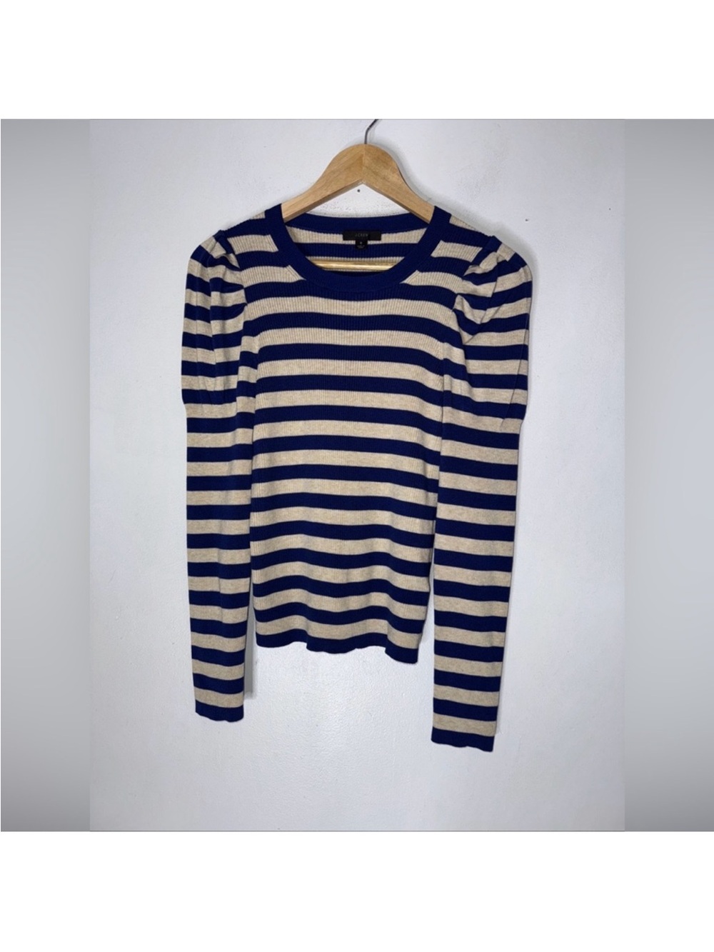 J. Crew Striped Puff-Sleeve Crew Sweater - Blue and Cream